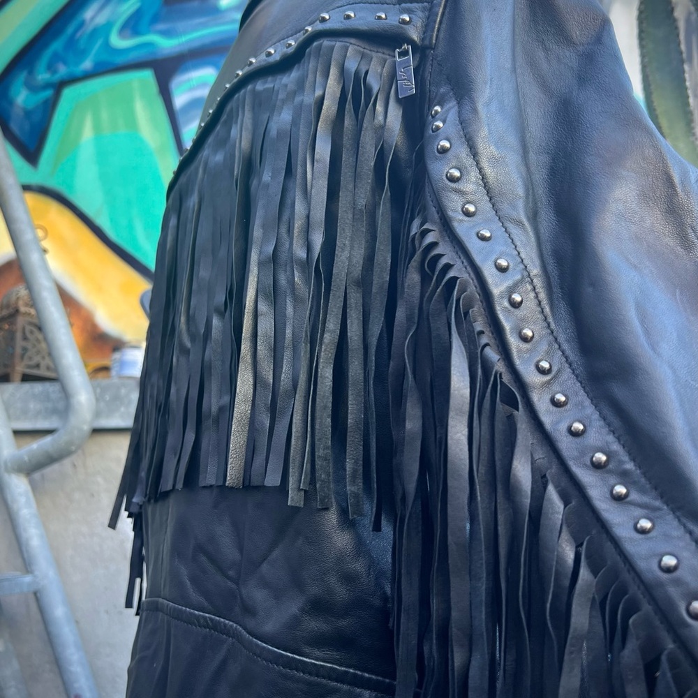 Leather Fringe Studded Motorcycle Jacket with Removable Fringe - Picture 14 of 17